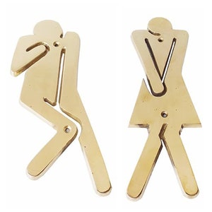 SOLID BRASS Restroom Signs Toilet Washroom Signage, Bathroom Door Sign Symbol Wall Hanging, Men Women Bathroom Sign Symbol Gold Finish