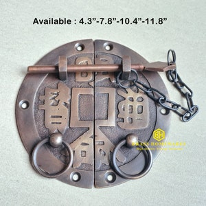 May include: Bronze-colored door knocker with Chinese characters and ring handles. The knocker has a sliding bolt and chain. The text "Available: 4.3"-7.8"-10.4"-11.8"" is visible at the top.