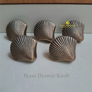 Könnte beinhalten: Vier Messing-Schubladengriffe in Muschelform. Die Griffe haben eine strukturierte, gerippte Oberfläche und eine leicht gebogene Form.