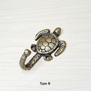 2.4" (4 pcs) Antique Turtle Sea Beach HOOK HANGER Solid Brass Strong Wall Mount Clothes Coat Hat Hook Bathroom Hook Handle