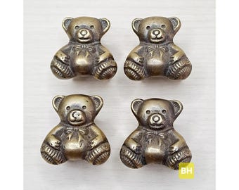 30mm SET of Vintage Knob Drawer Pull Hardware Solid Brass Cabinet Pull Teddy Bear Children's Wardrobe Antique