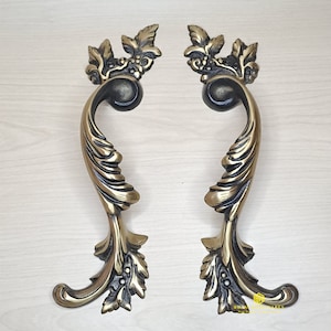 11&quot; Pair of Vintage Luxury LEAF Solid Brass Door Handle Pull, Antique Entry Door Handle Cabinet Cupboard Grab Pull 28cm