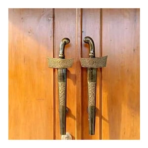 14.9&quot; Pair of Ethnic Keris Vintage Solid Brass Door Handle Pull, Antique Kris Entry Door Handle Cabinet Cupboard Grab Pull 38cm Express Ship