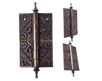 6.5&quot; Set Of Vintage Ornate with Crown Design Solid Brass Hinge / Door Cabinet Drawer Furniture Hinges / Antique Brass Hinge