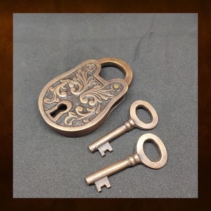 3.15&quot; Old Carved Ornate Vintage PADLOCK Solid Brass, Brass Padlock Set, Antique pad lock, Unique Classic Old Key lock