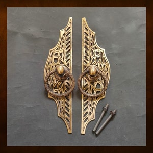 12.2&quot;&quot; Pair of Ethnic Balinese Vintage Solid Brass Door Handle Pull, Antique Entry Door Handle Cabinet Cupboard Grab Pull 31 cm