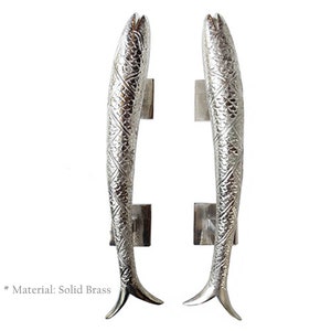 11.8&quot; Pair of Vintage Solid Brass LARGE Fish Pisces Door Handle Pull Polished Nickel Entry Front Door Grab Pulls Hardware 30cm
