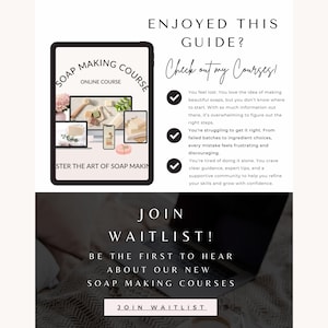 Puede incluir: Una ilustraci&oacute;n digital de un curso de elaboraci&oacute;n de jab&oacute;n con un fondo verde y un cuadro de texto blanco que dice "Soap Making Course" y "Online Course". El texto "Check out my Courses!" est&aacute; en un cuadro de texto blanco con un fondo verde. Hay cuatro marcas de verificaci&oacute;n con texto que describe los beneficios de tomar el curso. El texto "Join Waitlist!" est&aacute; en un cuadro de texto blanco con un fondo verde. El texto "Be the first to hear about our new soap making courses" est&aacute; en un cuadro de texto blanco con un fondo verde. El texto "Join Waitlist" est&aacute; en un cuadro de texto blanco con un fondo verde.