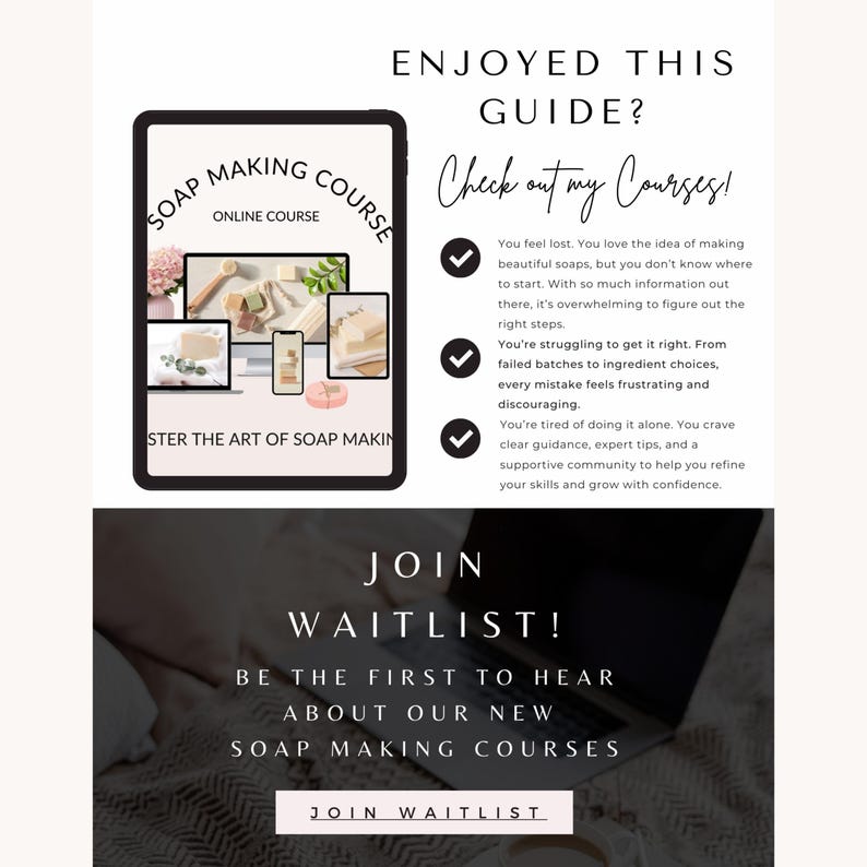 Puede incluir: Una ilustraci&oacute;n digital de un curso de elaboraci&oacute;n de jab&oacute;n con un fondo verde y un cuadro de texto blanco que dice "Soap Making Course" y "Online Course". El texto "Check out my Courses!" est&aacute; en un cuadro de texto blanco con un fondo verde. Hay cuatro marcas de verificaci&oacute;n con texto que describe los beneficios de tomar el curso. El texto "Join Waitlist!" est&aacute; en un cuadro de texto blanco con un fondo verde. El texto "Be the first to hear about our new soap making courses" est&aacute; en un cuadro de texto blanco con un fondo verde. El texto "Join Waitlist" est&aacute; en un cuadro de texto blanco con un fondo verde.