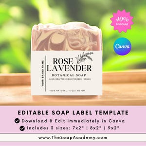 Modello di etichetta per sapone fatto a mano / Confezione di sapone per fascia addominale modificabile per piccole imprese / Design di etichette per sapone personalizzate Rosa Geranio Lavanda