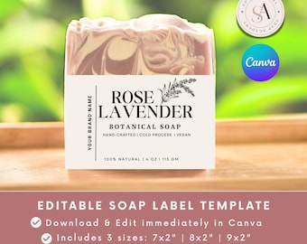 Plantilla de etiqueta para jabón de rosa y lavanda: Banda decorativa editable (Canva, descarga digital)