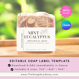 May include: Editable soap label template in Canva featuring a pink and white soap bar. The label reads "Mint Eucalyptus Botanical Soap" and includes the text "Hand-crafted | Cold Process | Vegan" and "100% Natural | 4 oz | 115 gm".