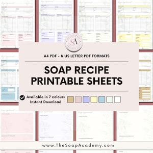 May include: A collection of printable soap recipe sheets in various colors, including pink, blue, and yellow. The sheets are available in A4 PDF and US Letter PDF formats. The text on the sheets reads "Soap Experiment" and "Soap Recipe Printable Sheets". The Soap Academy logo is also visible.