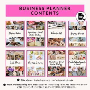 Puede incluir: Un collage de im&aacute;genes que muestra el contenido de un planificador de negocios para un negocio artesanal. El planificador incluye secciones para la administraci&oacute;n del negocio, la estrategia de marketing y redes sociales, d&oacute;nde vender, las finanzas del negocio, las ferias de artesan&iacute;a, la descripci&oacute;n general del negocio, el desarrollo de productos y las ideas. El planificador es una descarga PDF.