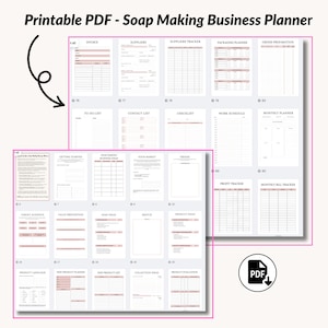 Puede incluir: Planificador de negocios en PDF imprimible para fabricantes de jab&oacute;n. El planificador incluye secciones para la creaci&oacute;n de un negocio, el desarrollo de un producto, el marketing y las finanzas. El planificador est&aacute; organizado en secciones con n&uacute;meros de p&aacute;gina.