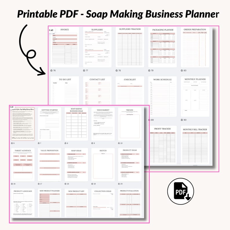 Puede incluir: Planificador de negocios en PDF imprimible para fabricantes de jab&oacute;n. El planificador incluye secciones para la creaci&oacute;n de un negocio, el desarrollo de un producto, el marketing y las finanzas. El planificador est&aacute; organizado en secciones con n&uacute;meros de p&aacute;gina.