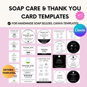 Modelli di biglietti di ringraziamento e per la cura del sapone per venditori di sapone fatto a mano - Modello Canva modificabile per biglietti di ringraziamento, istruzioni per la cura del sapone, imballaggio
