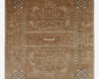 Tappeto Oushak in lana annodato a mano, unico nel suo genere, color cammello e marrone, turco
