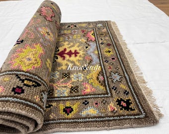 Hand-Knotted Oushak Wool Runner Rug | Turkish Floral Tribal Design