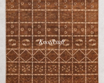 Hand Knotted Brown Oushak Rug: Wool Geometric Tribal Carpet, Rustic Living Room Decor