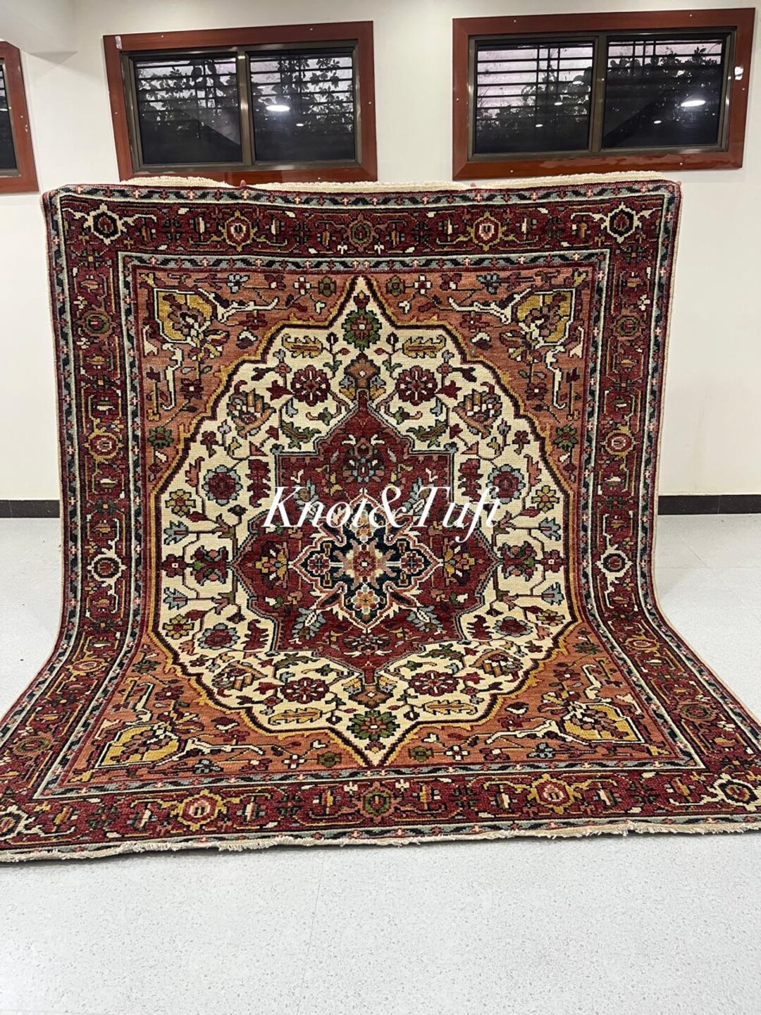 India Rug Red 1947 Hand Knotted Indian Rug, Red Floral Oriental Carpet, Freedom Era ...