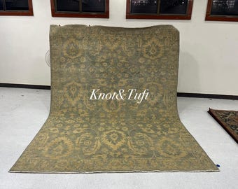 Hand Knotted Oushak Rug 8x10: Distressed Green Gold Turkish Wool Area Rug