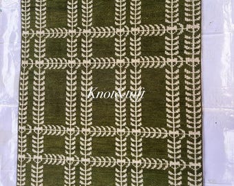 Olive Green Wool Rug | Hand-Knotted Turkish Oushak, Botanical Design