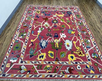Pink Oushak Wool Rug | Hand-Knotted Anatolian Floral Carpet