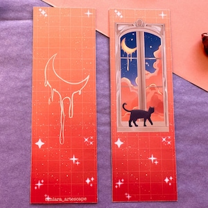 Moon Gaze Dreamy Aesthethic Bookmark | Cat at the Window Fantasy Landscape Bookmark