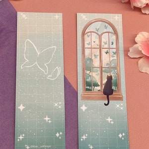 Butterflies Dreamy Aesthethic Bookmark | Cat at the Window Fantasy Landscape Bookmark