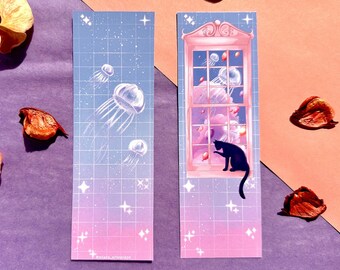 Verträumtes ästhetisches Lesezeichen | Katze am Fenster Fantasy-Landschafts-Lesezeichen
