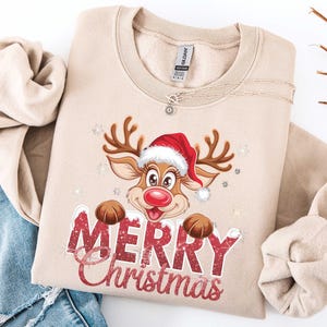 Merry Christmas Reindeer Sweatshirt, Cute Holiday Pullover, Santa Hat Rudolph Shirt, Christmas Outfit for Women & Men, Cozy Xmas Gift