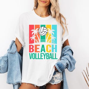 Beach Volleyball Shirt, Colorful Retro Palm Tree Tee, Summer Volleyball Graphic Tee, Unisex Comfort Colors T-Shirt Gift