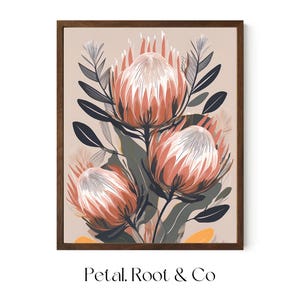 Printable Wall Art Decor - Pink Protea Flower Illustration - Australian Native Botanical Art