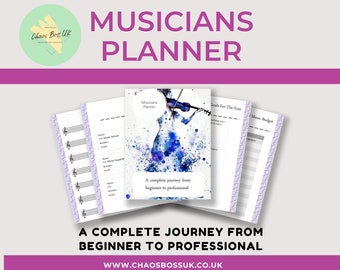 Ultimate Music Planner to organise your music career - Beginner to pro with trackers, practise pages, journal and more - Printable A4 PDF