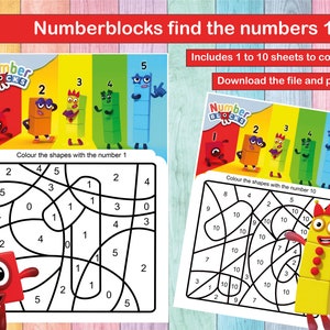 Folhas de colorir Numberblocks 1 a 10 - Encontre o número oculto. Download digital instantâneo