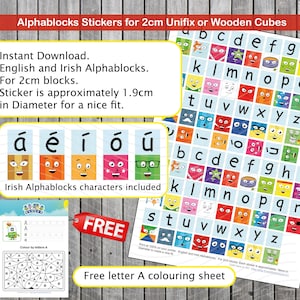 Alphablocks Stickers English and Irish - for 2cm Mathlink Cubes or print and laminate to play on table.