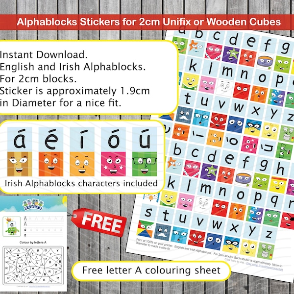 Alphablocks Stickers English and Irish - for 2cm blocks or print and laminate to play on table.