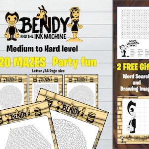 Bendy and The Ink Machine 20 Mazes. Word search and drawing image challenge