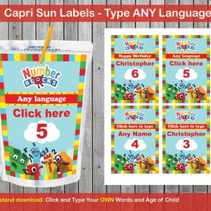 Numberblocks Capri Sun Labels - Texto editável - Download instantâneo - clique e adicione suas próprias palavras