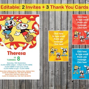 Cuphead Einladung für Geburtstagsparty, bearbeiten Sie selbst zu Hause Plus Dankeschön-Karte, Printable Instant Download