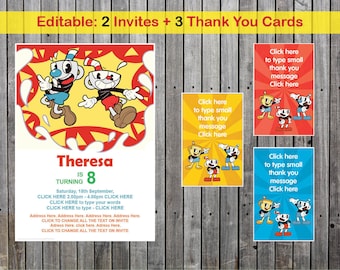Cuphead Birthday Party Invitation, Thank You Card, Editable (Digital Download)