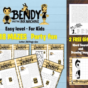 May include: A printable set of 18 easy mazes for kids featuring the cartoon character Bendy from the video game "Bendy and the Ink Machine". The set also includes a word search puzzle and a drawing activity. The mazes are designed for letter size paper.