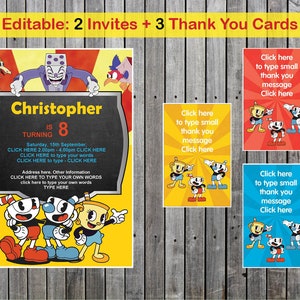Cuphead Einladung für Geburtstagsparty, bearbeiten Sie selbst zu Hause Plus Dankeschön-Karte, Printable Instant Download