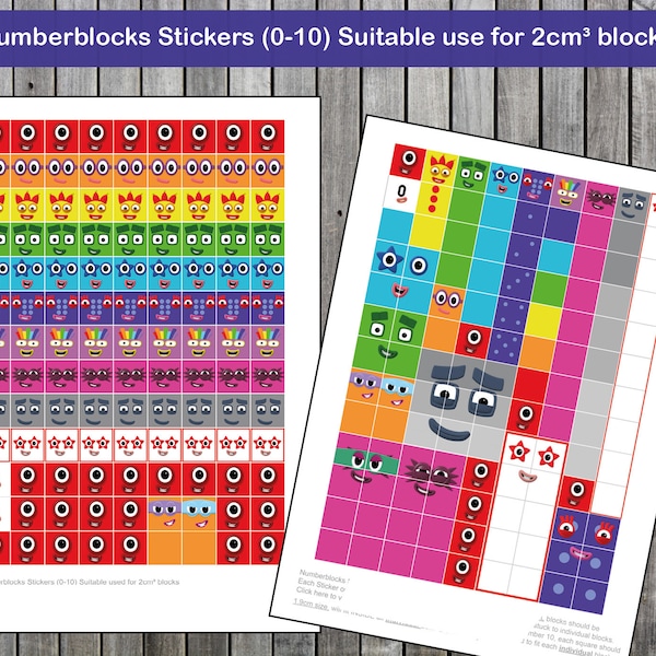 Numberblocks Faces 0-10 - Für 2cm-Blöcke, laden Sie diese A4-Aufkleber herunter, um sie zu Hause auszudrucken, sofortiger digitaler Download