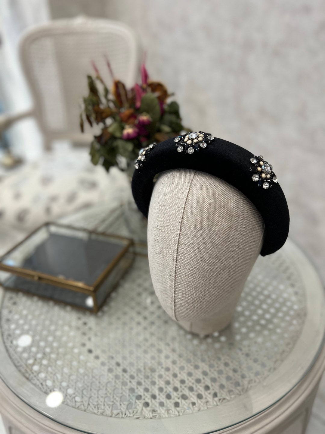 Rhinestone Embellished Black Velvet Padded Matador Headband - Etsy