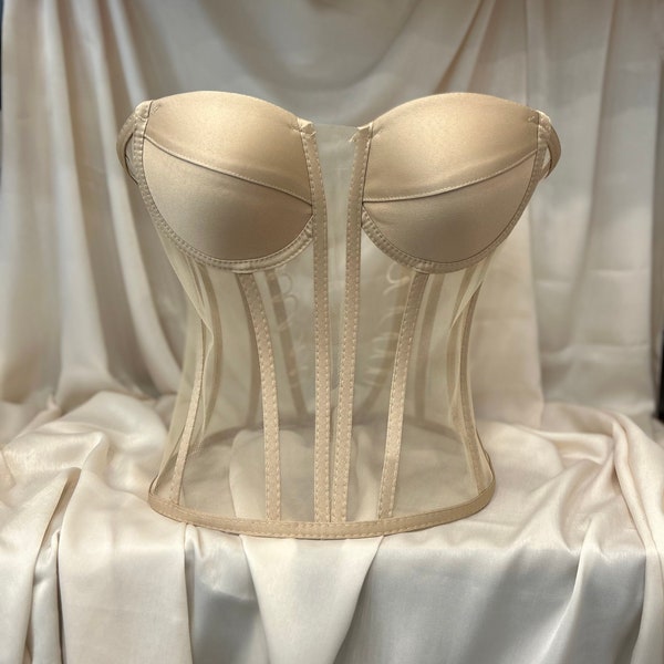 corset beige, corset transparent, corset bustier de mariée, bustier corset, corset blanc, corset champagne, vintage fait main.