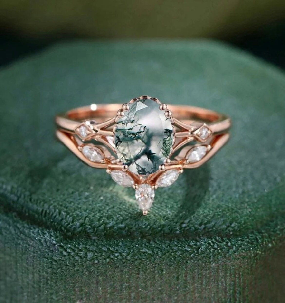 Moss Agate Engagement ring set Oval cut Moissanite Vintage marquise cut Rose gold Unique Diamond women Art Deco Anniversary gift for her