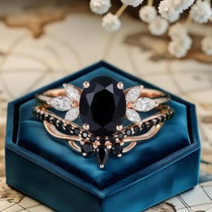 Black Onyx Engagement Ring Set: Oval Moissanite, Rose Gold Art Deco