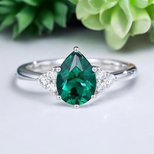 Natural Emerald Engagement Ring: Pear Cut, Vintage Art Deco, Sterling Silver